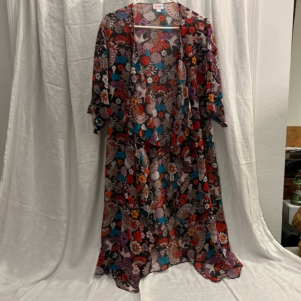 Lularoe kimono type jacket (name?) - multi colored on black background (
